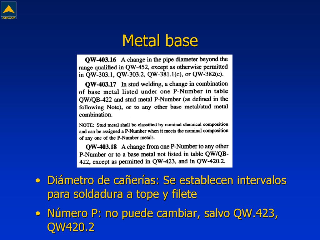 Metal base Diámetro de cañerías: Se establecen intervalos para soldadura a tope y filete.