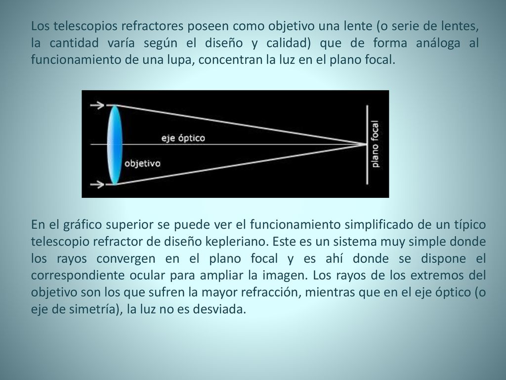 Los telescopios refractores poseen como objetivo una lente (o serie de lentes, la cantidad varía según el diseño y calidad) que de forma análoga al funcionamiento de una lupa, concentran la luz en el plano focal.