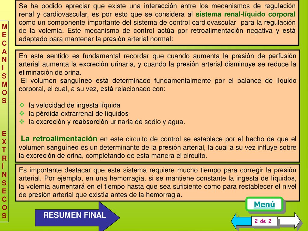 Se ha podido apreciar que existe una interacción entre los mecanismos de regulación renal y cardiovascular, es por esto que se considera al sistema renal-líquido corporal como un componente importante del sistema de control cardiovascular para la regulación de la volemia. Este mecanismo de control actúa por retroalimentación negativa y está adaptado para mantener la presión arterial normal: