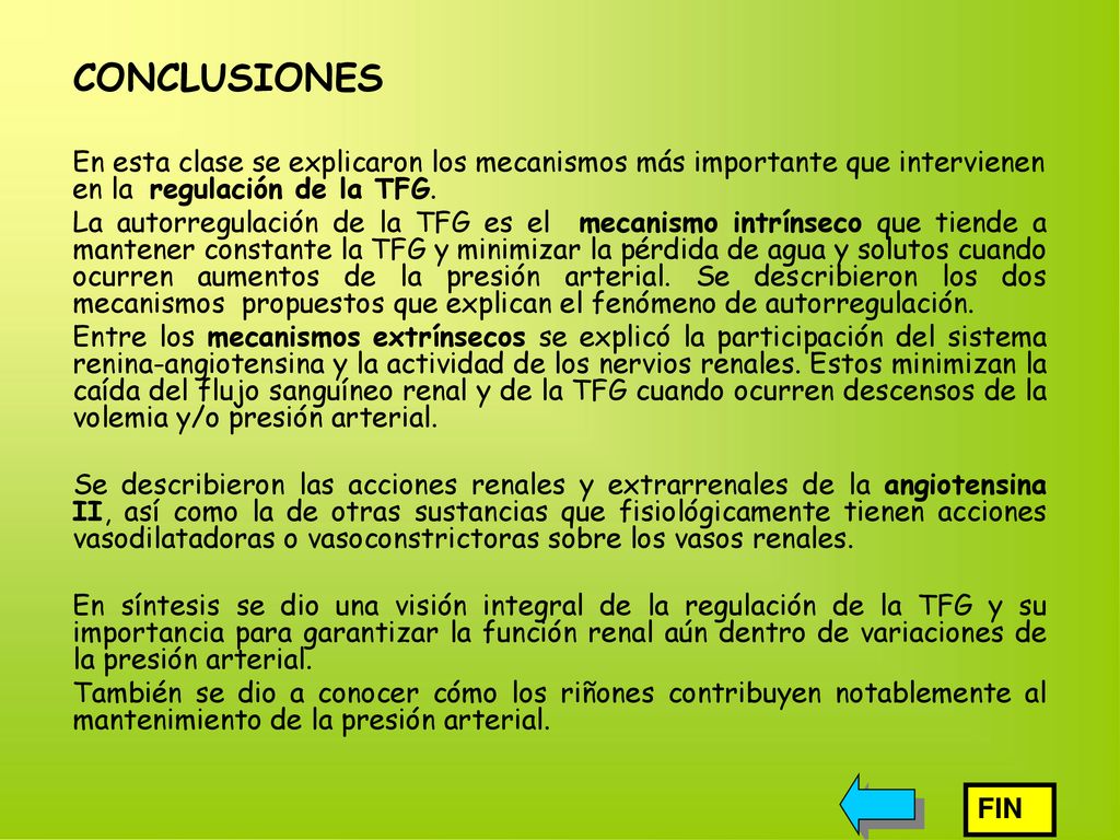 CONCLUSIONES En esta clase se explicaron los mecanismos más importante que intervienen en la regulación de la TFG.