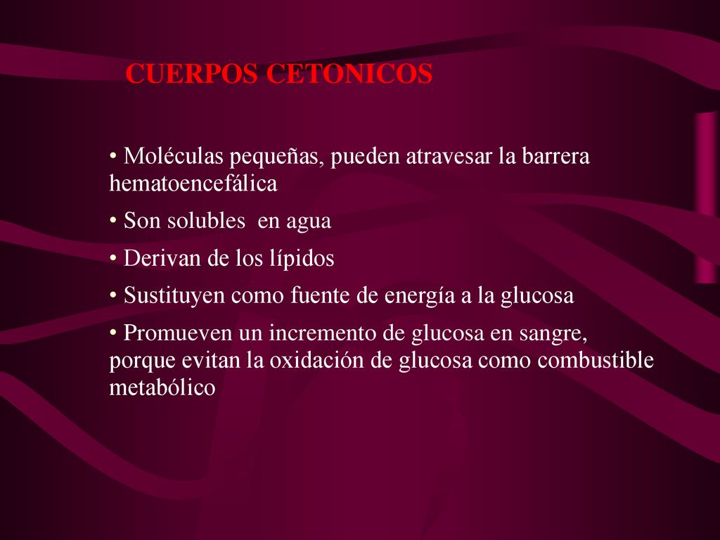 CUERPOS CETONICOS Moléculas pequeñas, pueden atravesar la barrera hematoencefálica. Son solubles en agua.