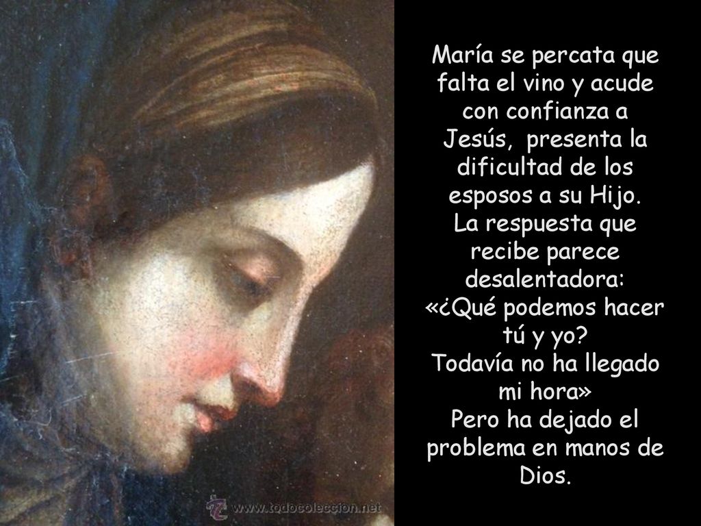 María se percata que falta el vino y acude con confianza a Jesús, presenta la dificultad de los esposos a su Hijo.