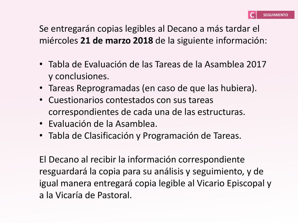 Tabla de Evaluación de las Tareas de la Asamblea 2017 y conclusiones.