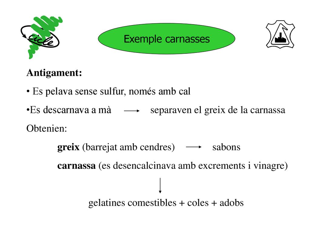 Exemple carnasses Antigament: Es pelava sense sulfur, només amb cal. Es descarnava a mà separaven el greix de la carnassa.