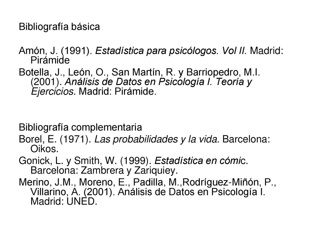 Bibliografía básica Amón, J. (1991). Estadística para psicólogos. Vol II. Madrid: Pirámide.