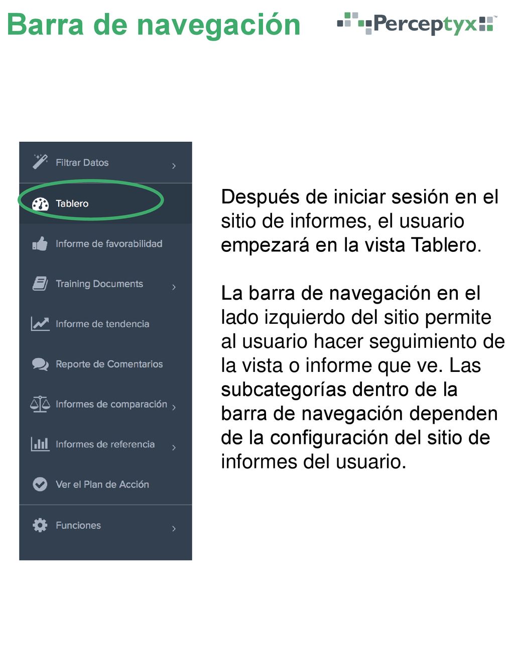 Barra de navegación Después de iniciar sesión en el sitio de informes, el usuario empezará en la vista Tablero.