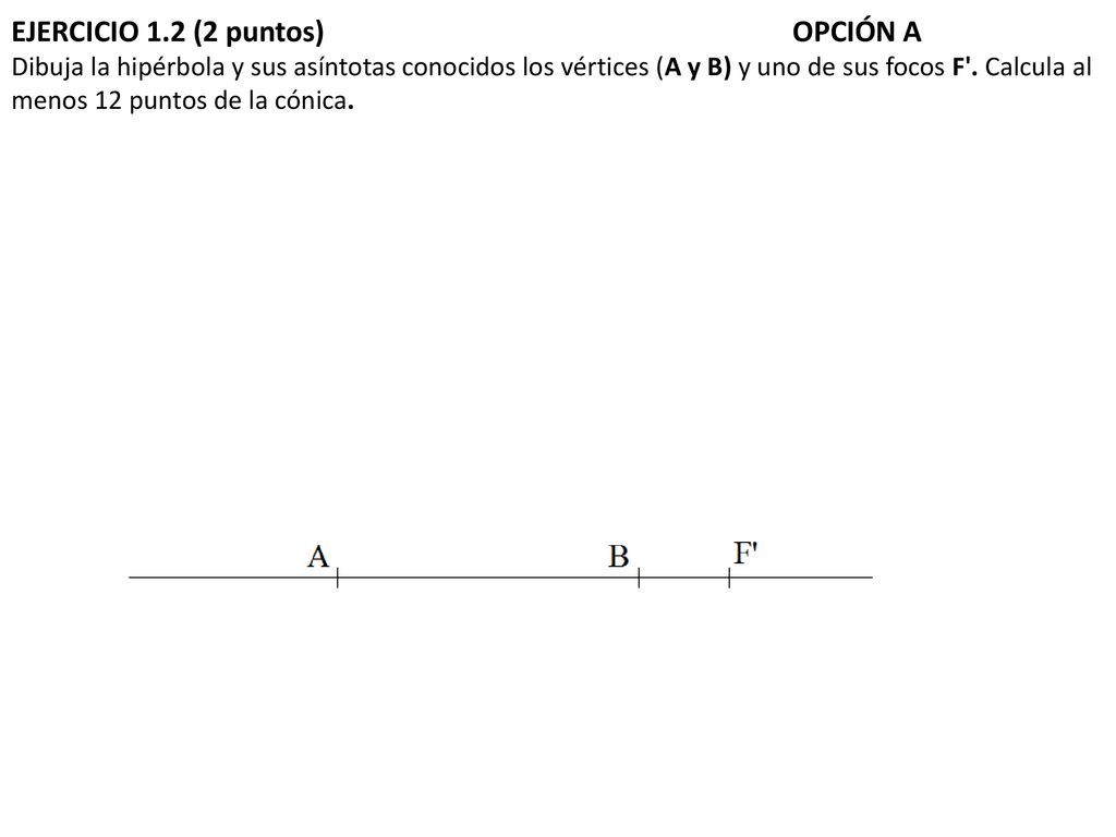 EJERCICIO 1.2 (2 puntos) OPCIÓN A Dibuja la hipérbola y sus asíntotas conocidos los vértices (A y B) y uno de sus focos F .