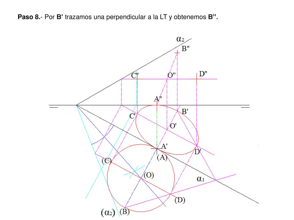 Paso 8.- Por B’ trazamos una perpendicular a la LT y obtenemos B’’.
