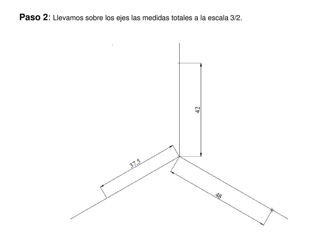 Paso 2: Llevamos sobre los ejes las medidas totales a la escala 3/2.