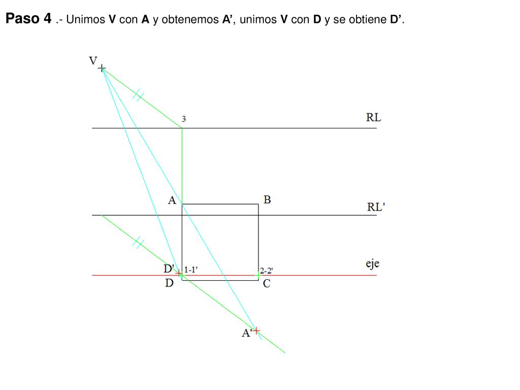 Paso 4 .- Unimos V con A y obtenemos A’, unimos V con D y se obtiene D’.