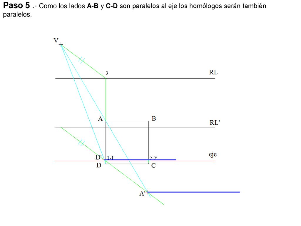 Paso 5 .- Como los lados A-B y C-D son paralelos al eje los homólogos serán también paralelos.