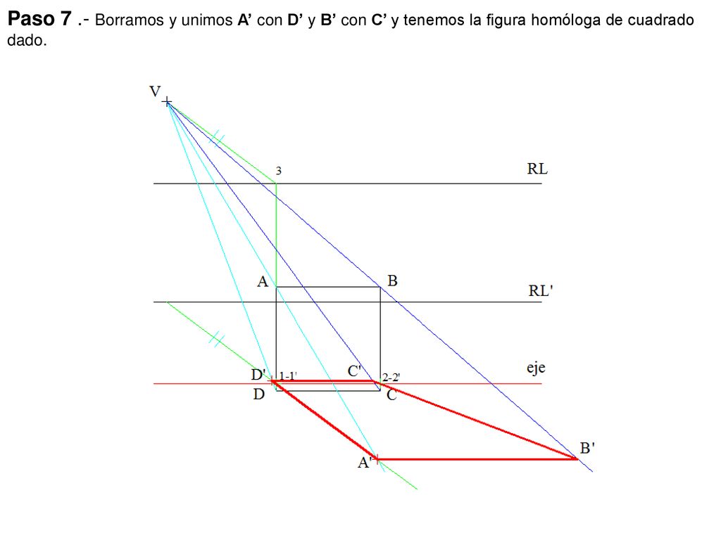 Paso 7 .- Borramos y unimos A’ con D’ y B’ con C’ y tenemos la figura homóloga de cuadrado dado.