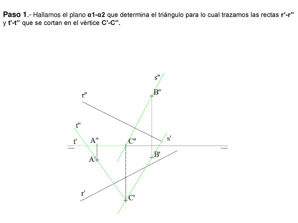 Paso 1.- Hallamos el plano α1-α2 que determina el triángulo para lo cual trazamos las rectas r’-r’’ y t’-t’’ que se cortan en el vértice C’-C’’.