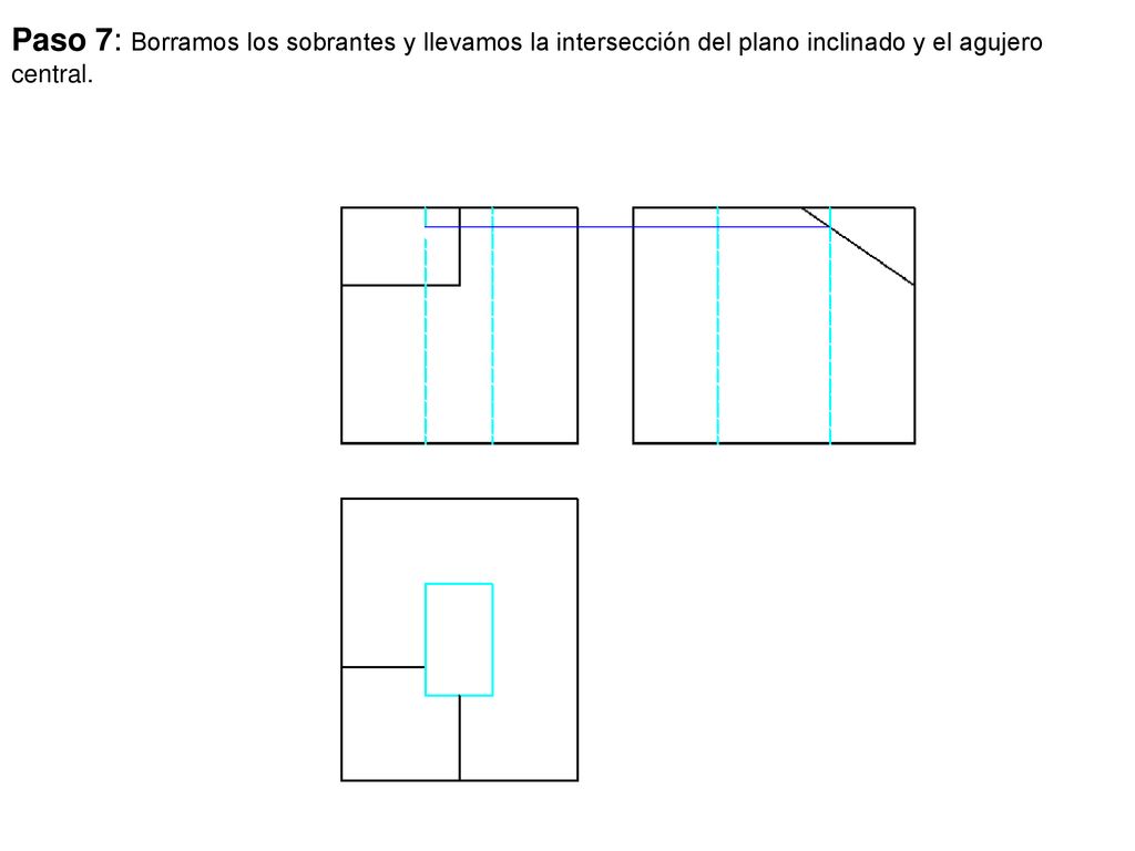 Paso 7: Borramos los sobrantes y llevamos la intersección del plano inclinado y el agujero central.