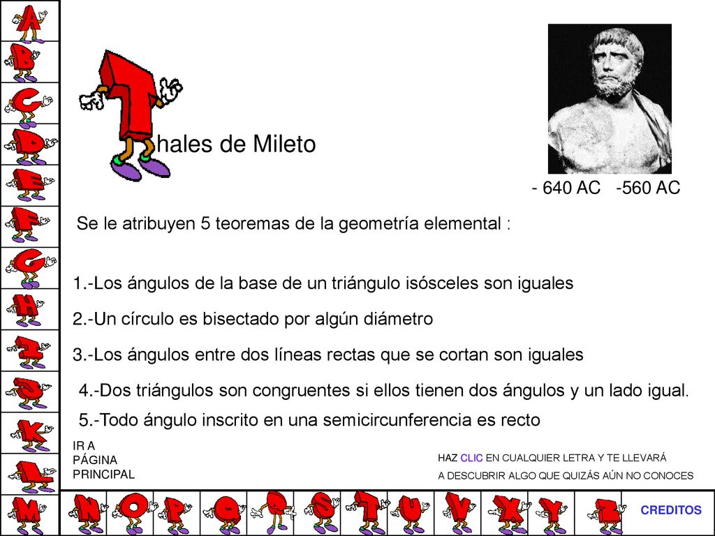 hales de Mileto AC -560 AC. Se le atribuyen 5 teoremas de la geometría elemental :