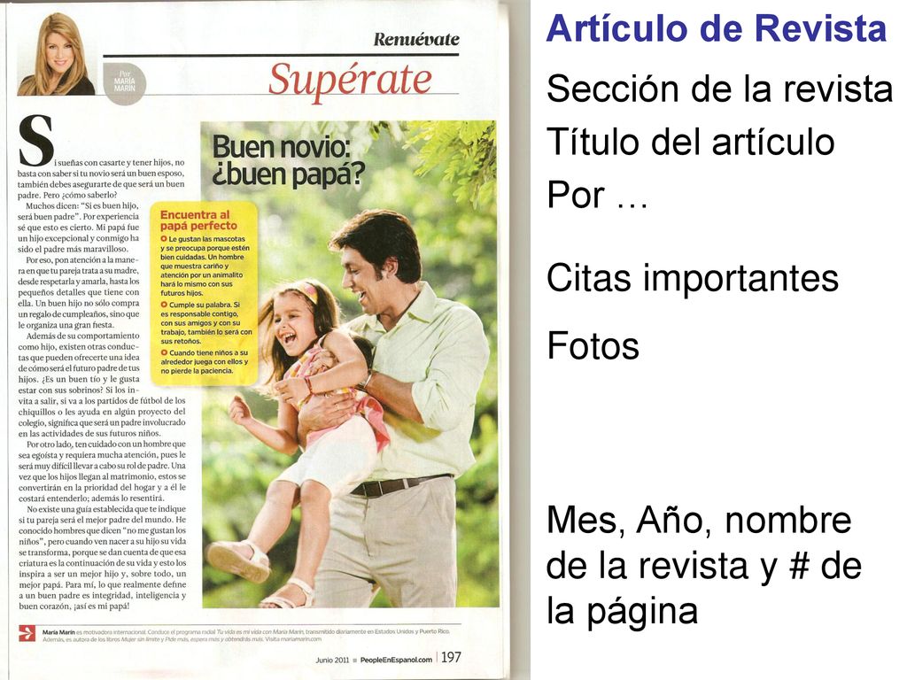 Artículo de Revista Sección de la revista. Título del artículo. Por … Citas importantes. Fotos.