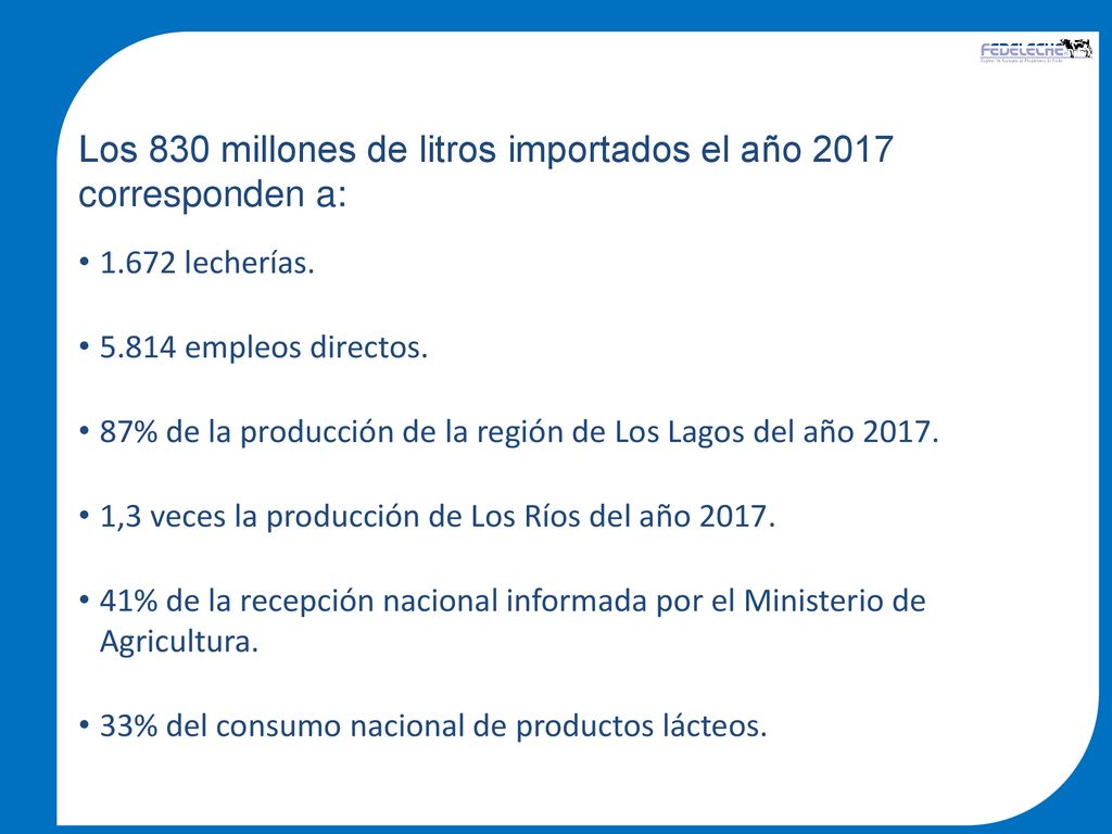 Los 830 millones de litros importados el año 2017 corresponden a: