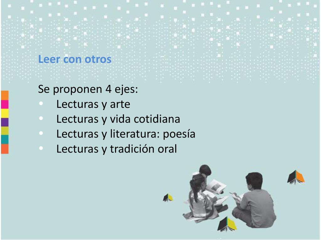 Leer con otros Se proponen 4 ejes:  Lecturas y arte.  Lecturas y vida cotidiana.  Lecturas y literatura: poesía.