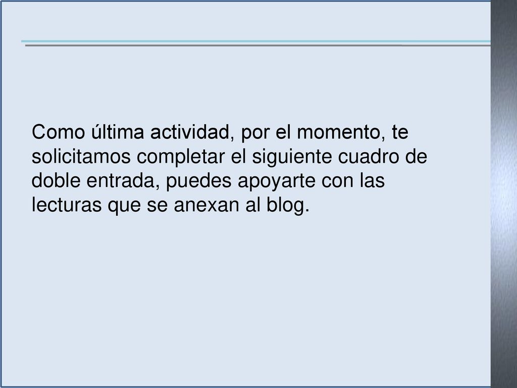 Como última actividad, por el momento, te solicitamos completar el siguiente cuadro de doble entrada, puedes apoyarte con las lecturas que se anexan al blog.