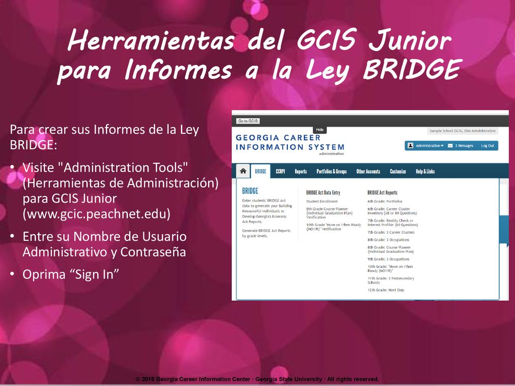 Herramientas del GCIS Junior para Informes a la Ley BRIDGE