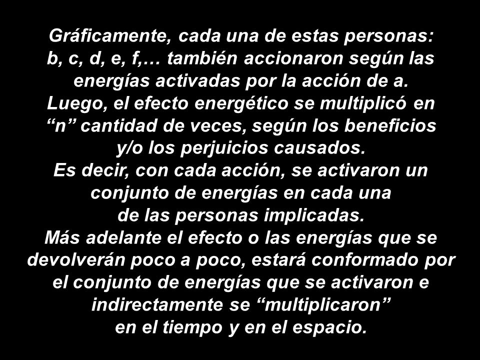 Gráficamente, cada una de estas personas: b, c, d, e, f,… también accionaron según las energías activadas por la acción de a.
