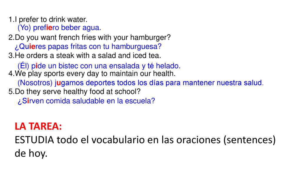 ESTUDIA todo el vocabulario en las oraciones (sentences) de hoy.