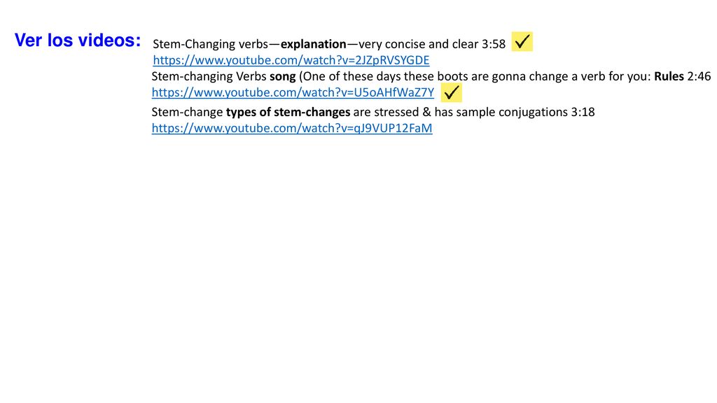 Ver los videos: Stem-Changing verbs—explanation—very concise and clear 3:58.   v=2JZpRVSYGDE.