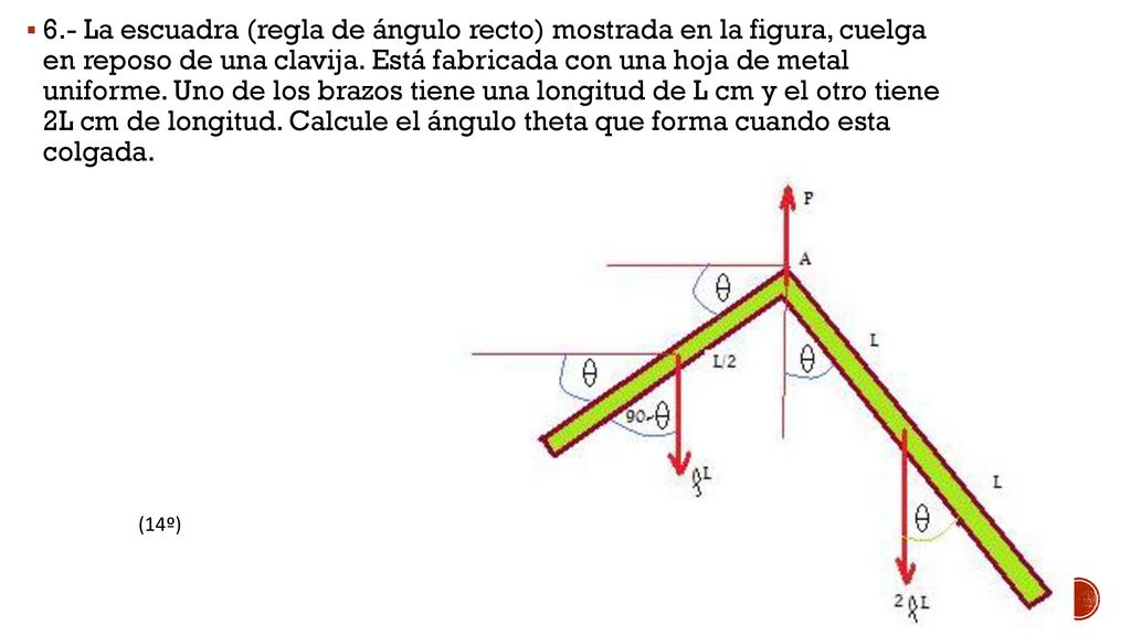 6.- La escuadra (regla de ángulo recto) mostrada en la figura, cuelga en reposo de una clavija. Está fabricada con una hoja de metal uniforme. Uno de los brazos tiene una longitud de L cm y el otro tiene 2L cm de longitud. Calcule el ángulo theta que forma cuando esta colgada.
