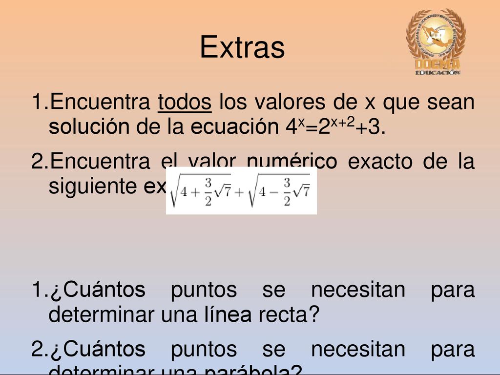 Extras Encuentra todos los valores de x que sean solución de la ecuación 4x=2x+2+3. Encuentra el valor numérico exacto de la siguiente expresión,
