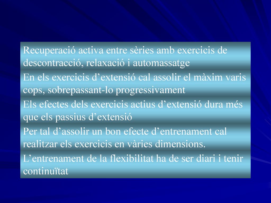 Recuperació activa entre sèries amb exercicis de descontracció, relaxació i automassatge