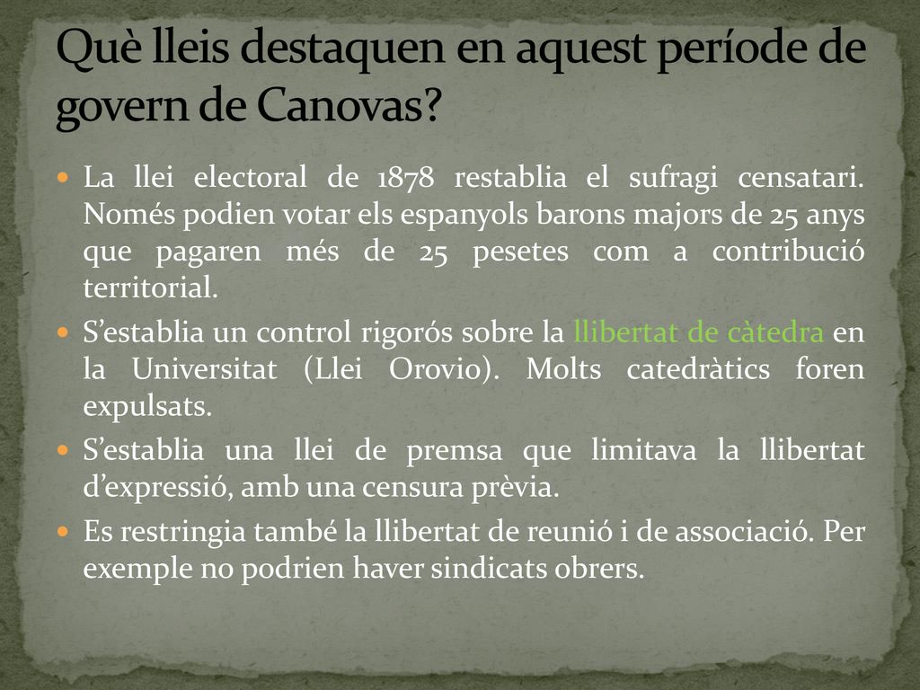 Què lleis destaquen en aquest període de govern de Canovas
