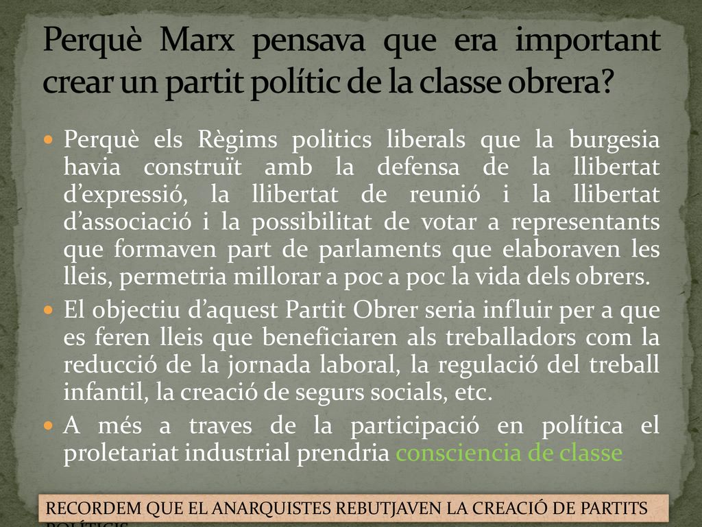 Perquè Marx pensava que era important crear un partit polític de la classe obrera