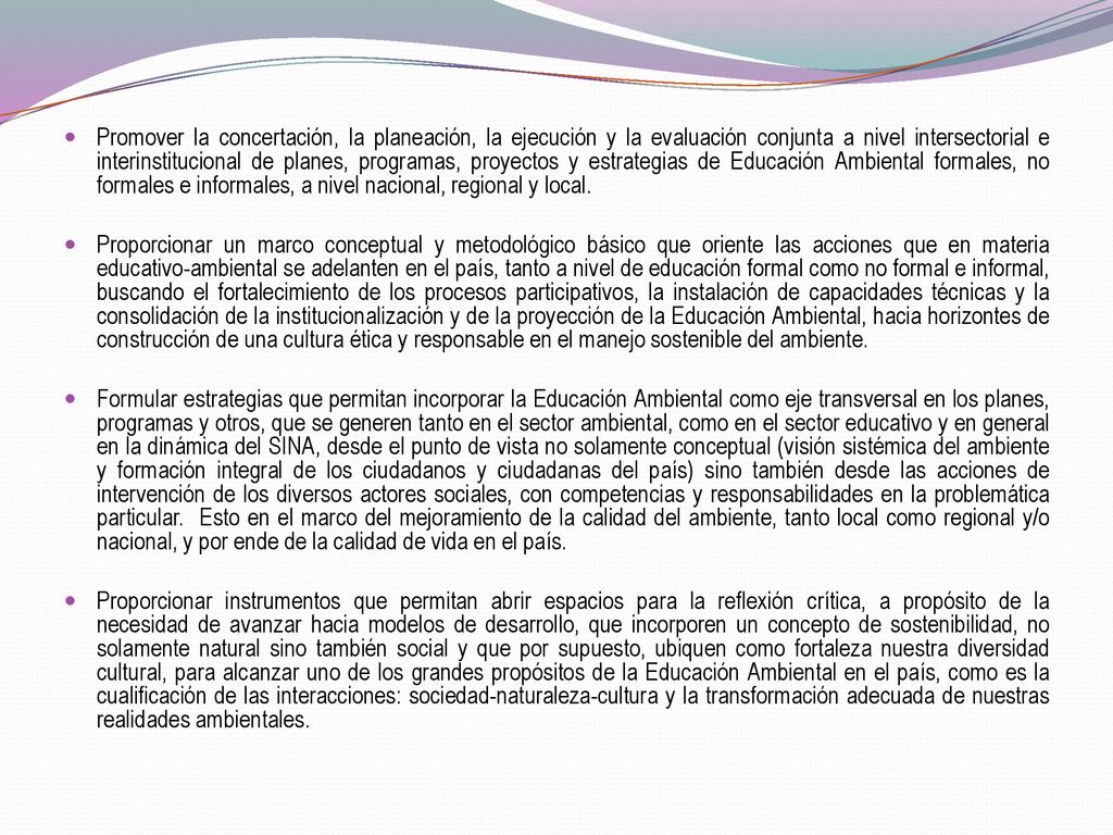 Promover la concertación, la planeación, la ejecución y la evaluación conjunta a nivel intersectorial e interinstitucional de planes, programas, proyectos y estrategias de Educación Ambiental formales, no formales e informales, a nivel nacional, regional y local.
