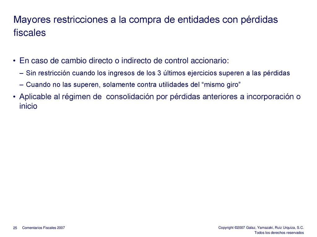 Mayores restricciones a la compra de entidades con pérdidas fiscales
