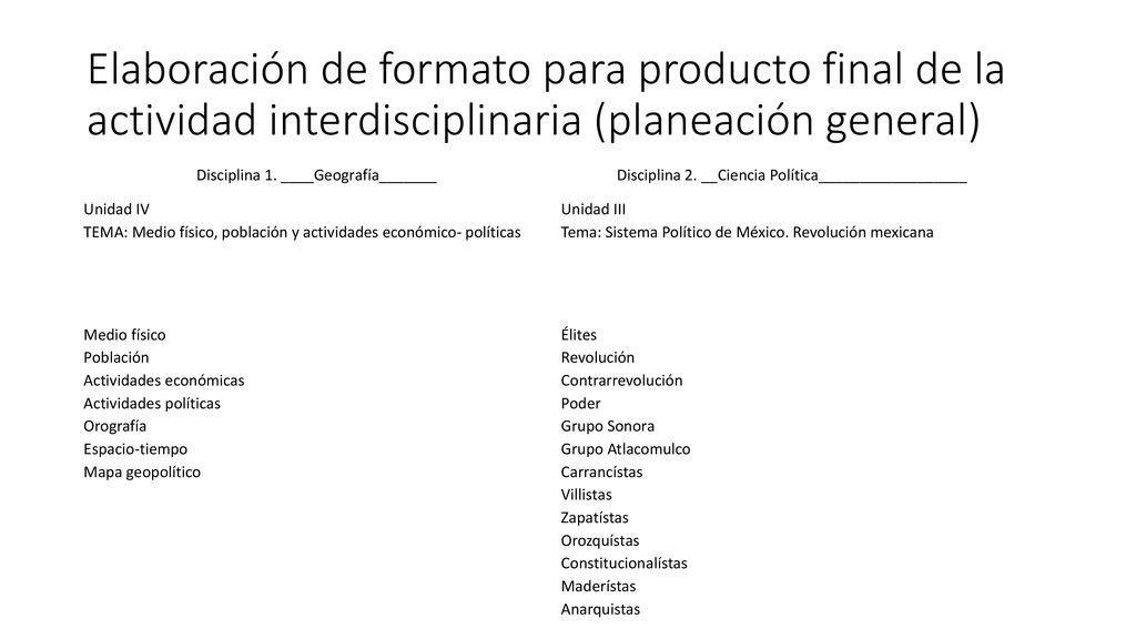 Elaboración de formato para producto final de la actividad interdisciplinaria (planeación general)