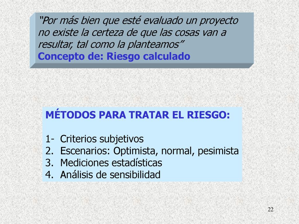 Por más bien que esté evaluado un proyecto no existe la certeza de que las cosas van a resultar, tal como la planteamos