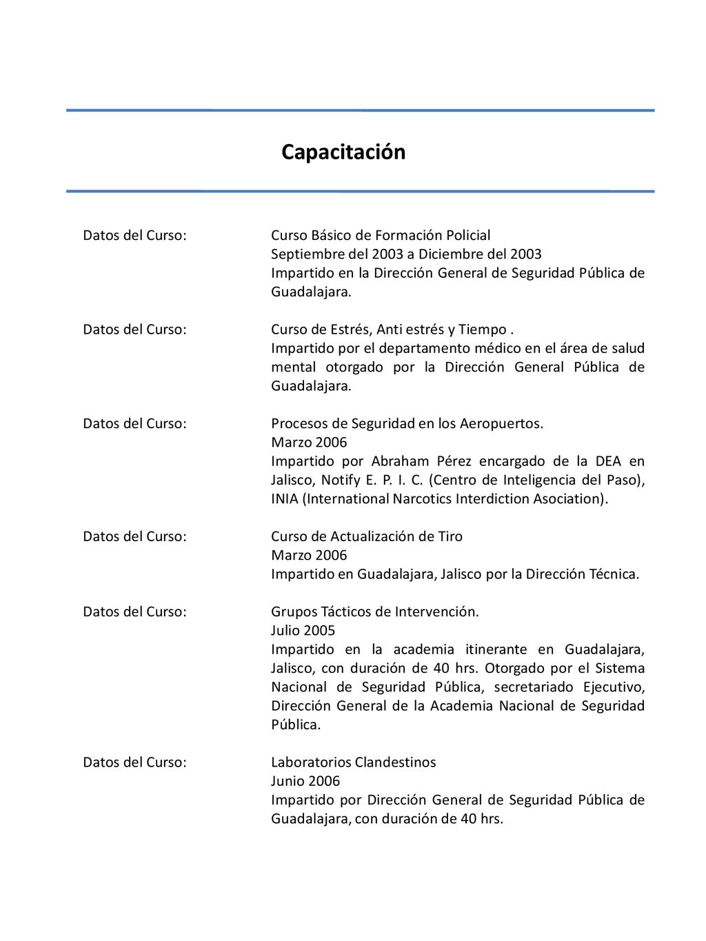 Capacitación Datos del Curso: Curso Básico de Formación Policial