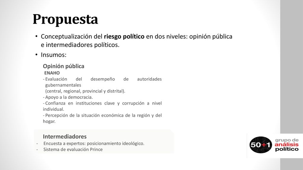 Propuesta Conceptualización del riesgo político en dos niveles: opinión pública e intermediadores políticos.