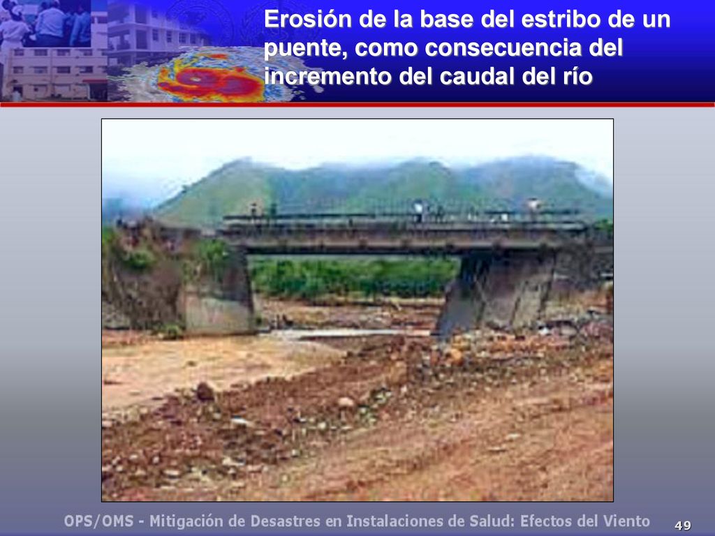 Erosión de la base del estribo de un puente, como consecuencia del incremento del caudal del río