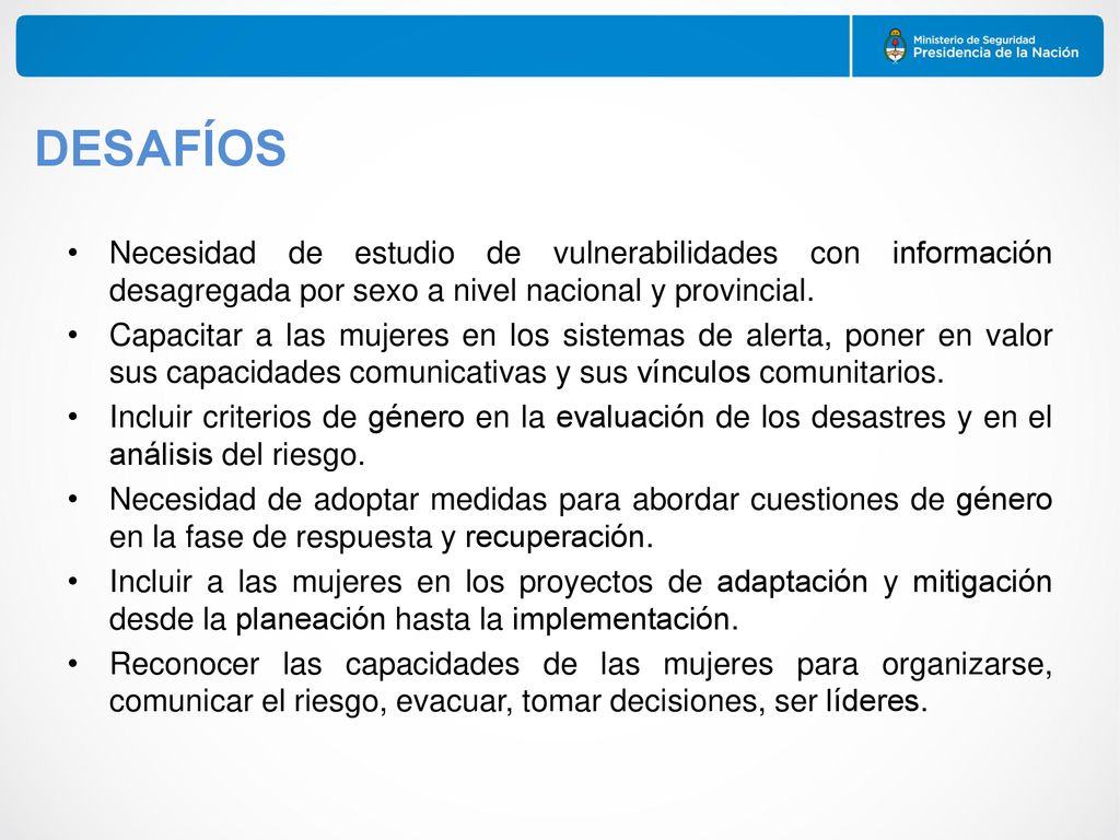 DESAFÍOS Necesidad de estudio de vulnerabilidades con información desagregada por sexo a nivel nacional y provincial.