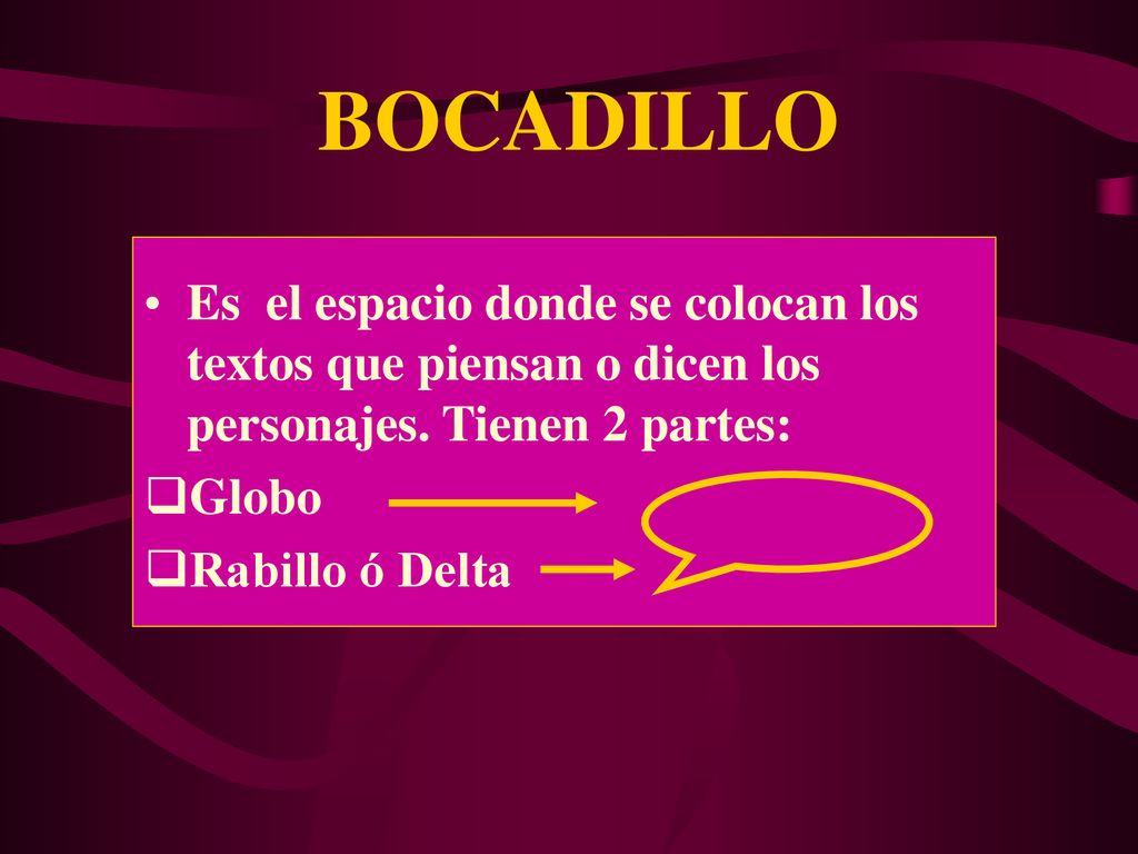 BOCADILLO Es el espacio donde se colocan los textos que piensan o dicen los personajes. Tienen 2 partes:
