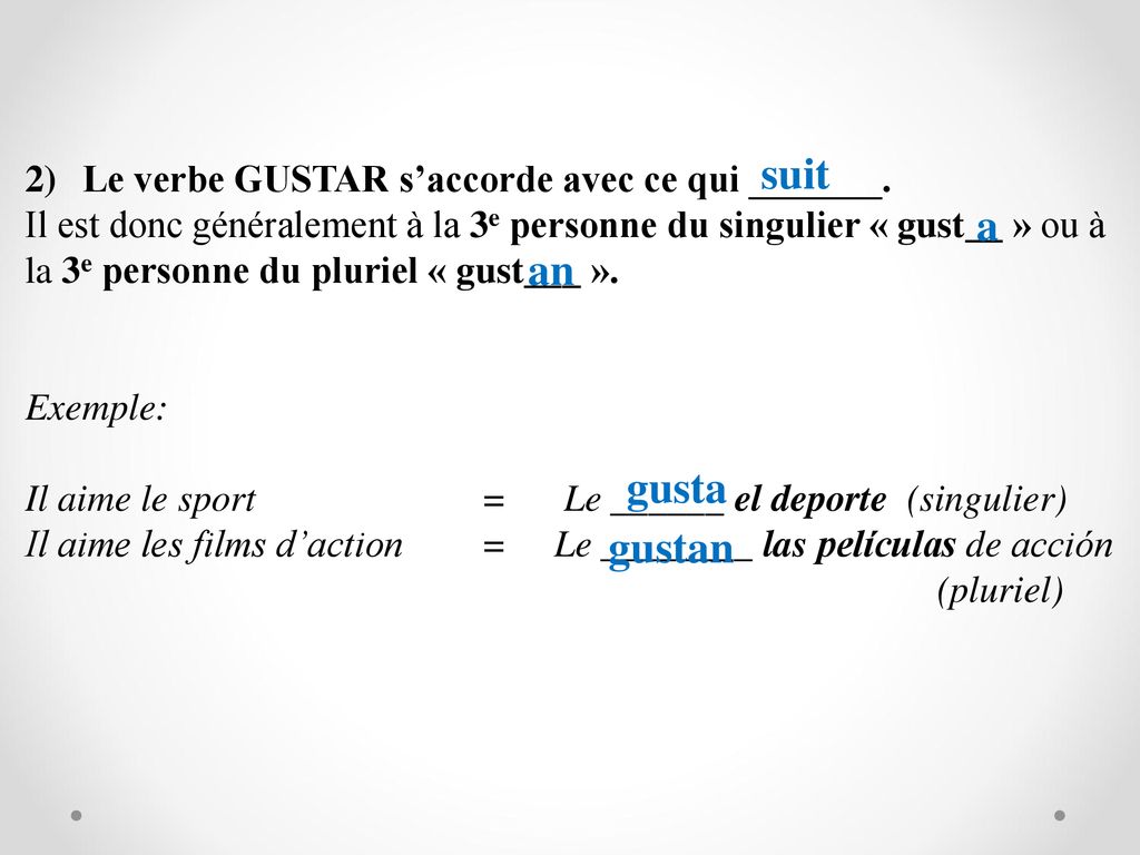 suit a an gusta gustan Le verbe GUSTAR s’accorde avec ce qui _______.