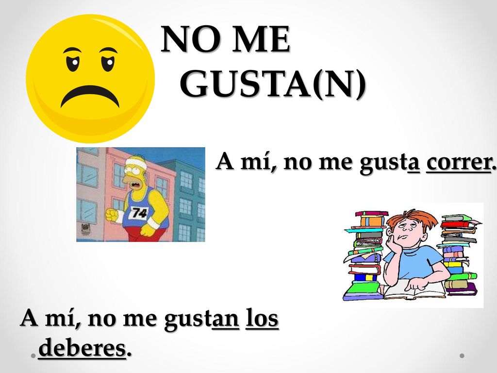 NO ME GUSTA(N) A mí, no me gusta correr.