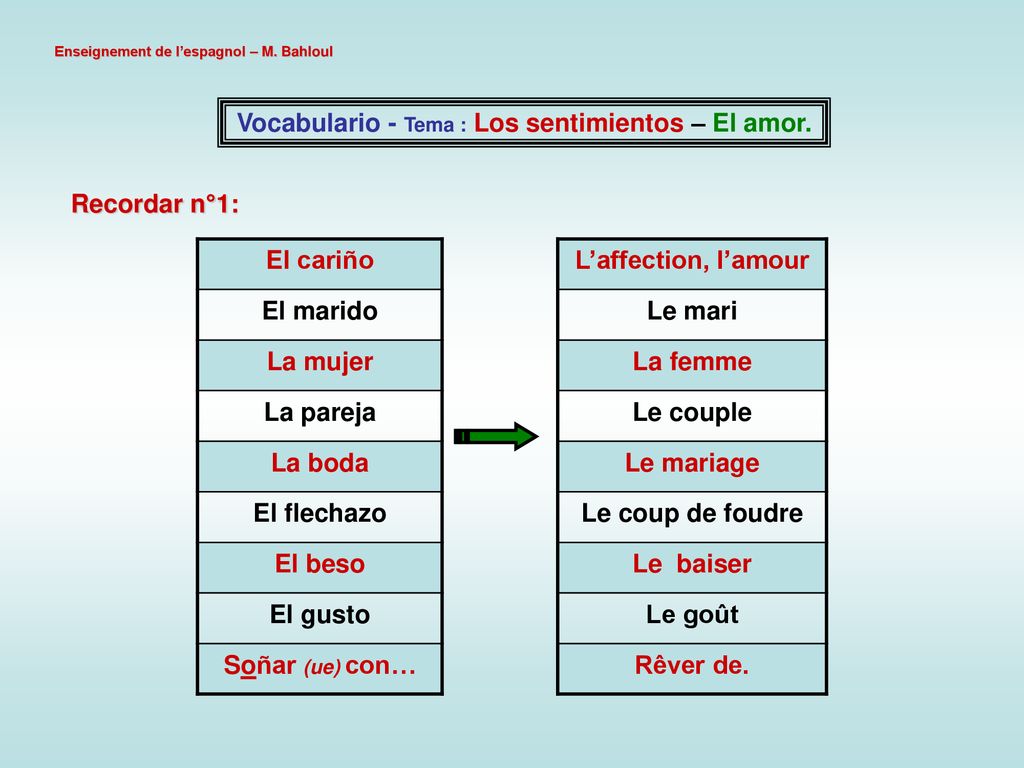 Vocabulario - Tema : Los sentimientos – El amor.