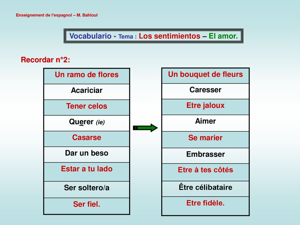 Vocabulario - Tema : Los sentimientos – El amor.