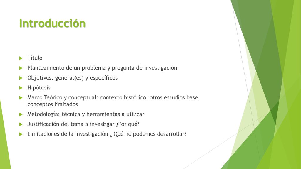 Introducción Título. Planteamiento de un problema y pregunta de investigación. Objetivos: general(es) y específicos.