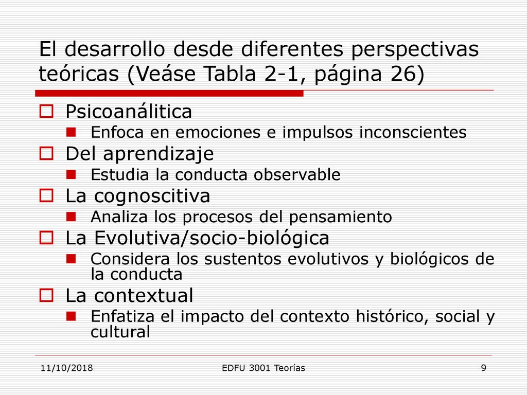 El desarrollo desde diferentes perspectivas teóricas (Veáse Tabla 2-1, página 26)