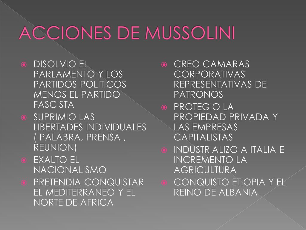 ACCIONES DE MUSSOLINI DISOLVIO EL PARLAMENTO Y LOS PARTIDOS POLITICOS MENOS EL PARTIDO FASCISTA.