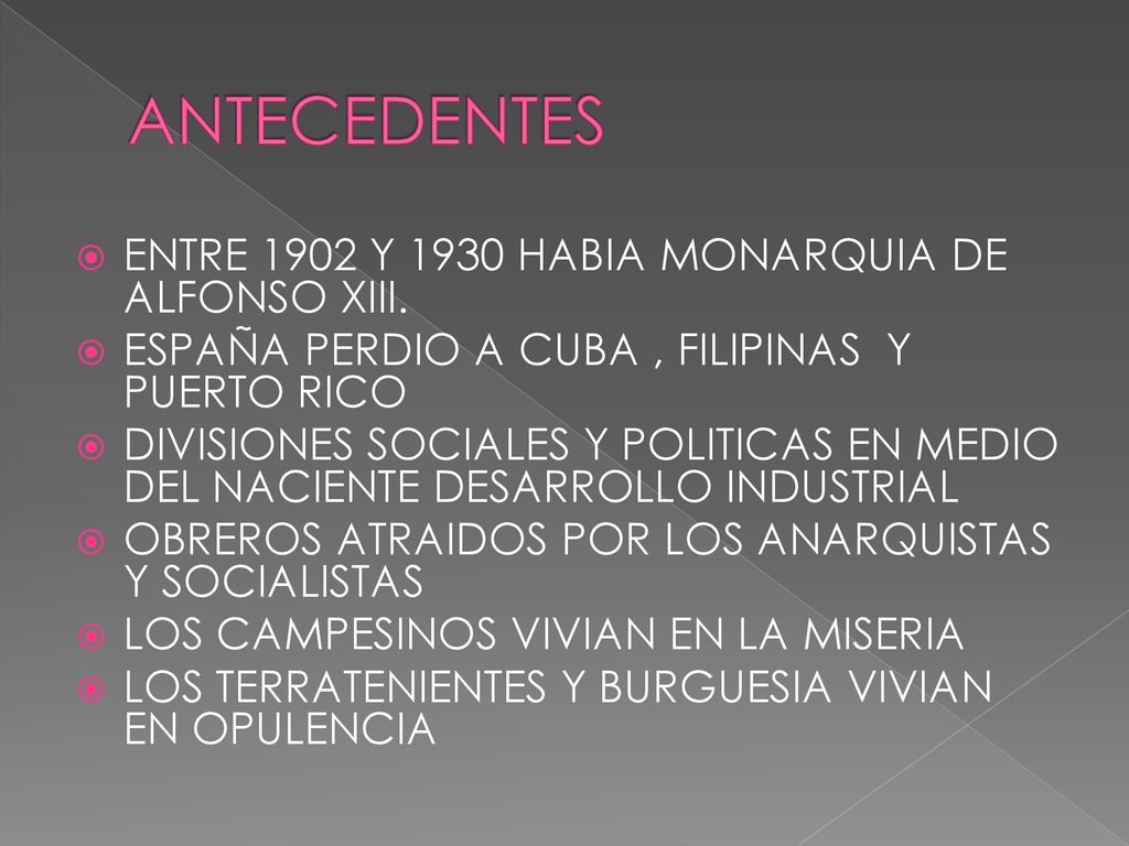 ANTECEDENTES ENTRE 1902 Y 1930 HABIA MONARQUIA DE ALFONSO XIII.