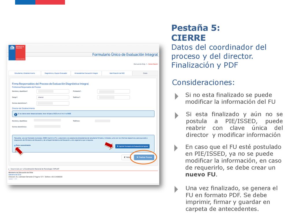 Pestaña 5: CIERRE Datos del coordinador del proceso y del director.